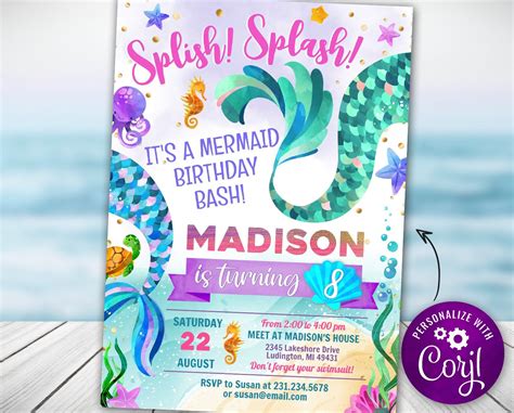 mermaid invitation editable mermaid party invite mermaid etsy