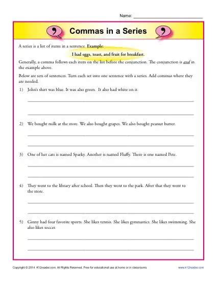 commas   series comma worksheets