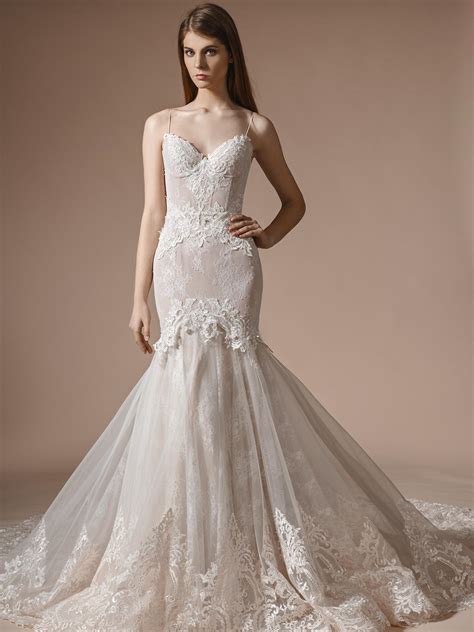 papilio fit and flare wedding gown with bustier bodice and lace detailing