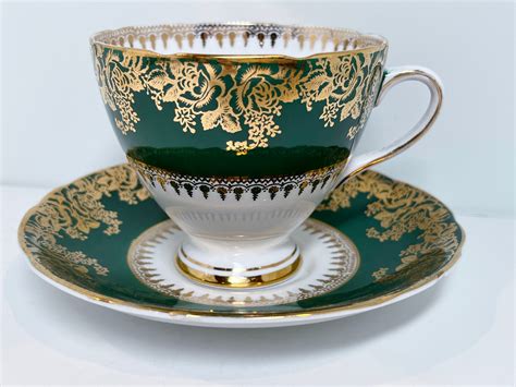 elegant gladstone tea cup  saucer green gold cups vintage tea cups