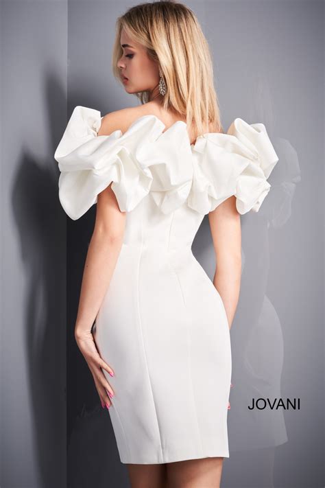 jovani 04367 white ruffle neckline bodycon cocktail dress