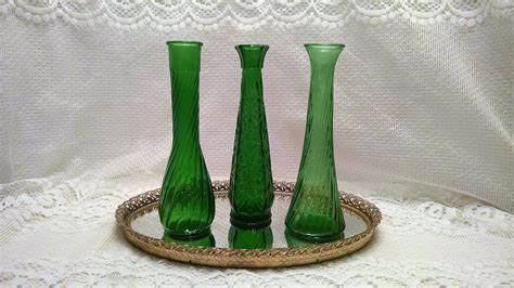 Gorgeous Set Of 3 Vintage Green Glass Vases Wedding Reception Etsy