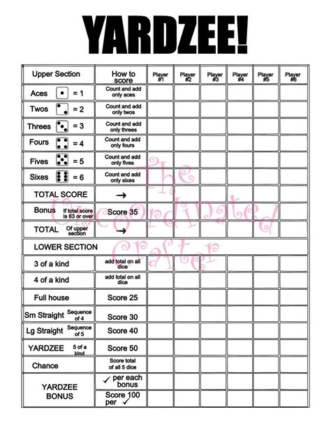 yardzee score card  printable printable templates