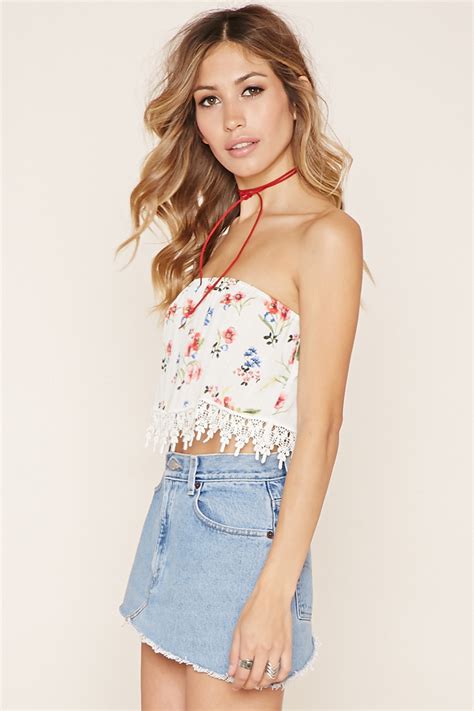 Forever 21 Strapless Floral Crop Top In Blue Lyst