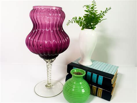 Mid Century Empoli Footed Vase Amethyst Bowl W Clear Stem Vintage