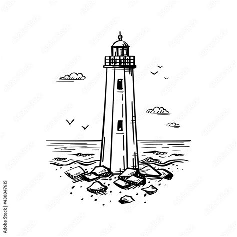 vector sketch  lighthouse outline engraved illustration sea rocks