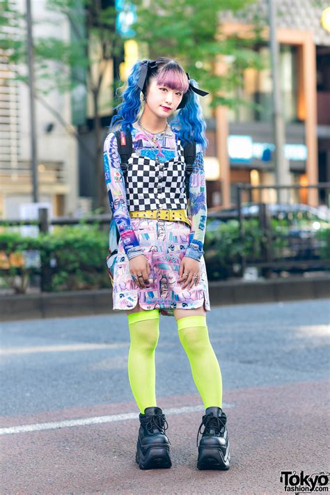 harajuku girl s graphic street style w blue twin tails checkered top