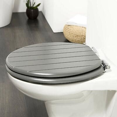 wood wooden grey toilet seat strong silver hinges loo seats fittings