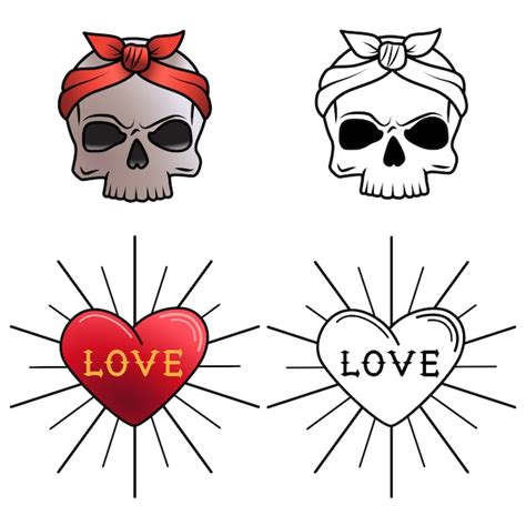 premium vector skull  heart tattoo coloring page