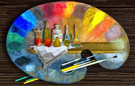 multicolored paint palette oil painting paintbrushes colorful hd
