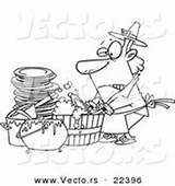 Dishes Man Washing Cartoon Outline Barrel Coloring Vector Chores sketch template