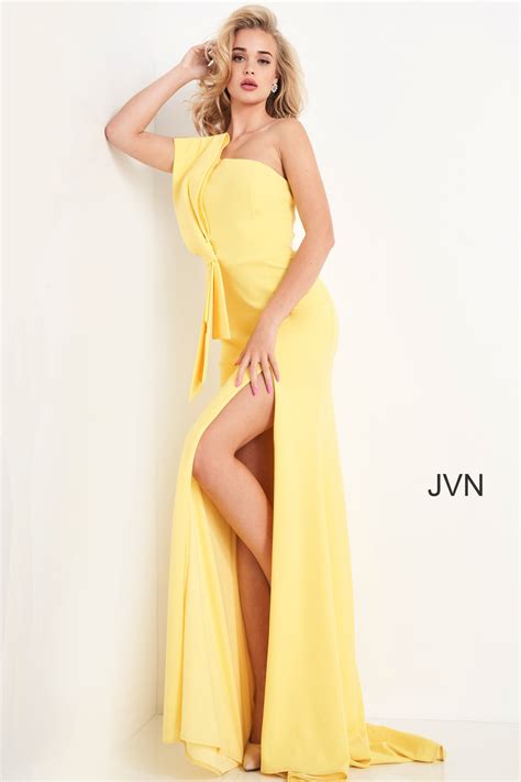 jvn yellow  shoulder bow sheath prom dress