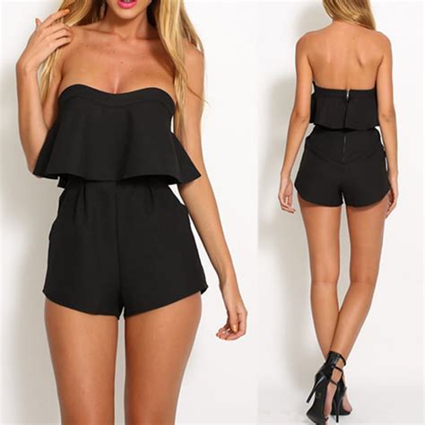 women summer strapless bandeau ruffled bodysuit party club romper