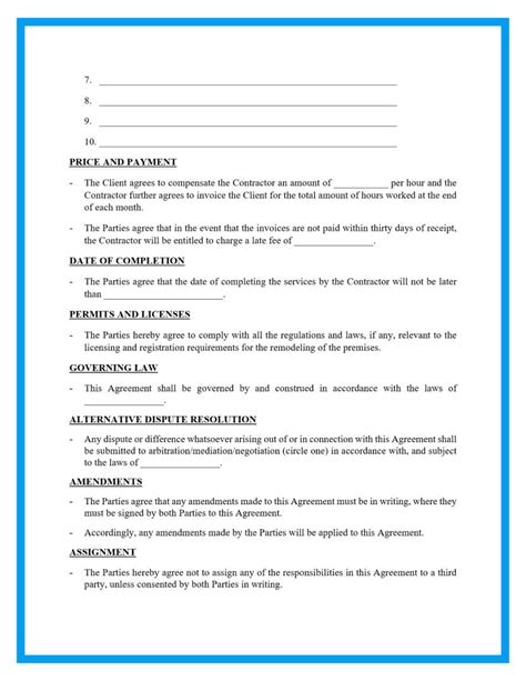 printable  remodeling contract template word printable templates