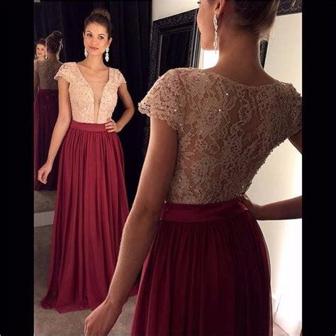ulass 2016 wine red prom dress chiffon long lace bodice sexy deep v neck short sleeve cheap prom