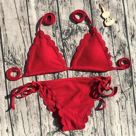 Buy 2018 Sexy Bandage Swimwear Solid Bikini Sets Red