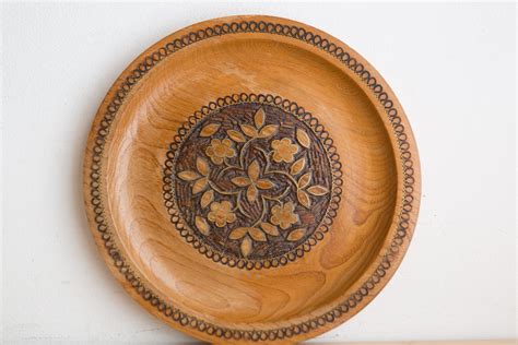 decorative wall plate hand carved  painted wood plate  floral