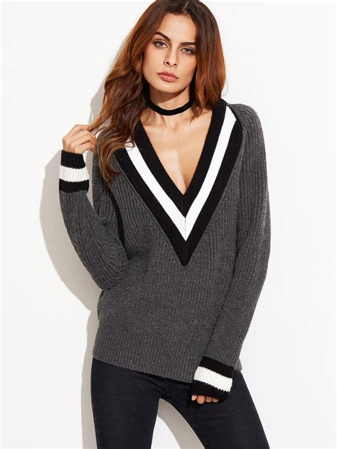 Grey Striped Trim Deep V Neck Sweater Emmacloth Women Fast Fashion Online