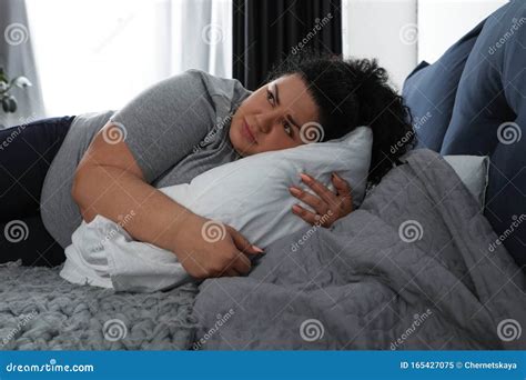 Depressed Overweight Woman Hugging Pillow Stock Image Image Of