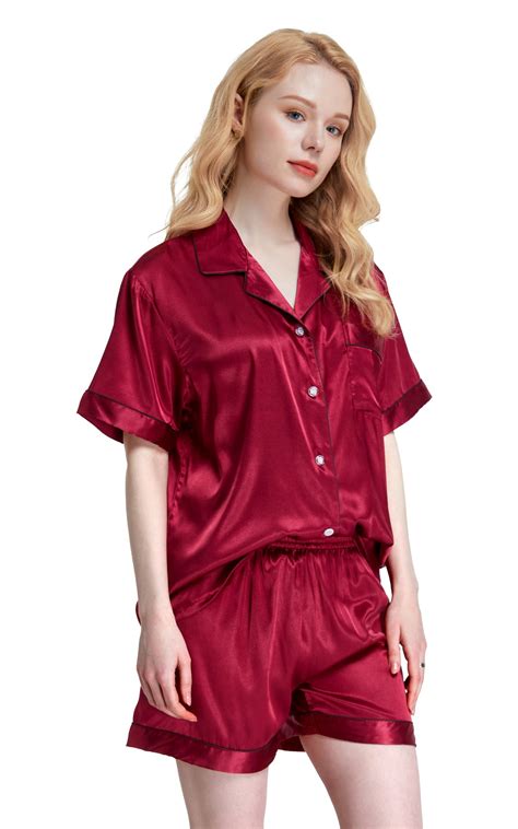 women s silk satin pajama set short sleeve burgundy with black piping