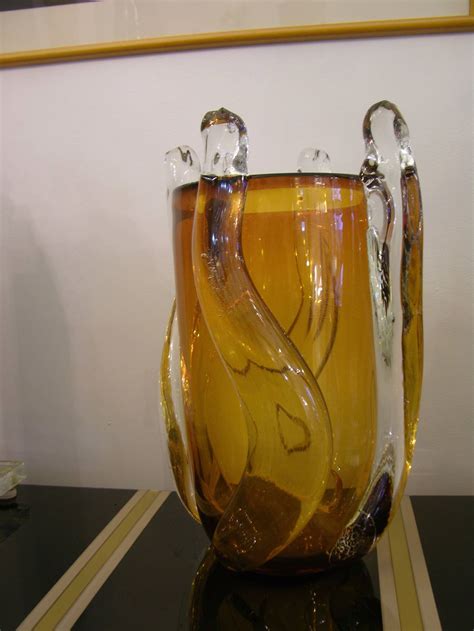 1970s Italian Abstract Design Amber Murano Glass Vase By