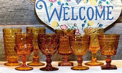 Set Of 8 Gorgeous Mismatched Amber Vintage Water Goblets Etsy In 2020