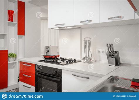 modern red  white kitchen interior stock image image  faucet apartment