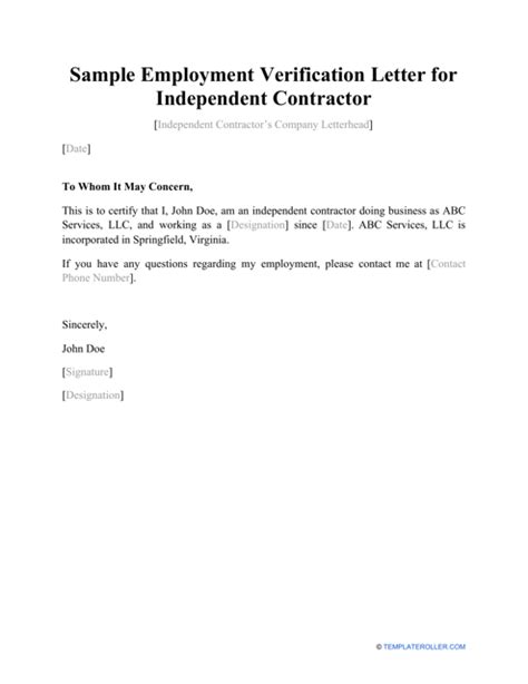 sample employment verification letter  independent contractor