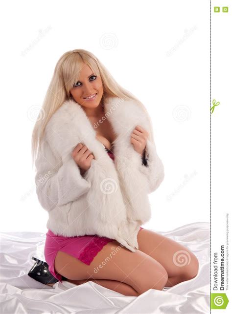 glamour blonde in a warm white fur coat stock image image of model