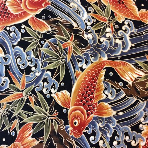 asian koi fish pond chinese japanese water wave sea ocean cotton quilt