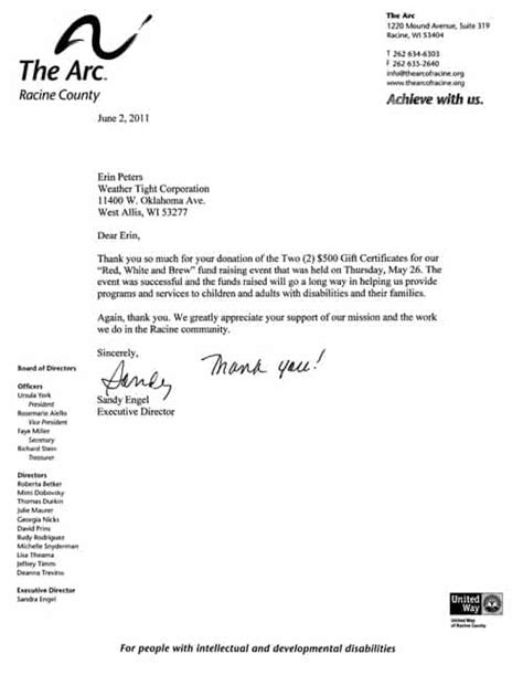 donation   letter weather tight corporation