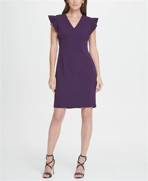 dkny synthetic v neck ruffle cap sleeve sheath dress in purple lyst
