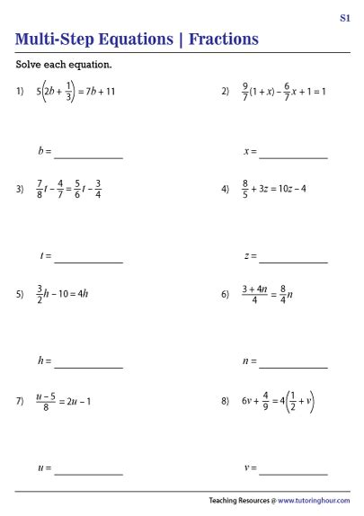 multi step equations  fractions worksheets