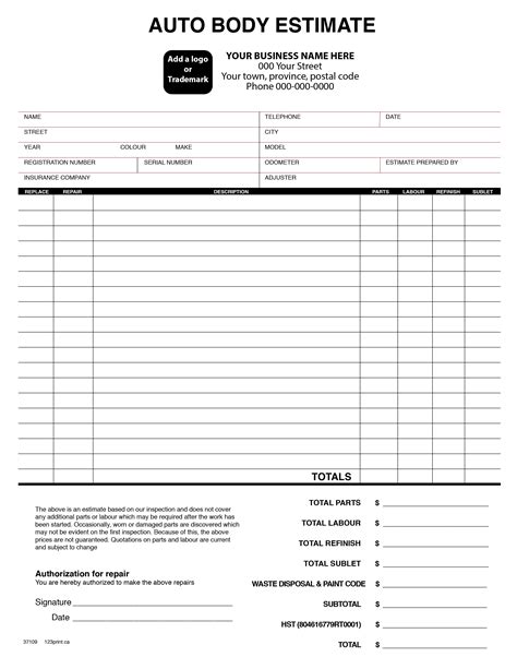 printable auto body repair estimate forms printable forms