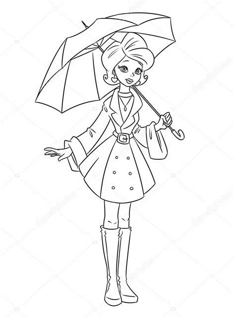 girl autumn umbrella coloring pages cartoon stock photo  cefengai