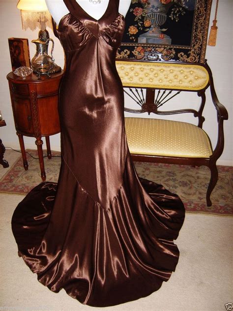 vtg brown high gloss liquid satin dress jean harlow long sweep gown 5 ~ 34 36 zumzum ballgown