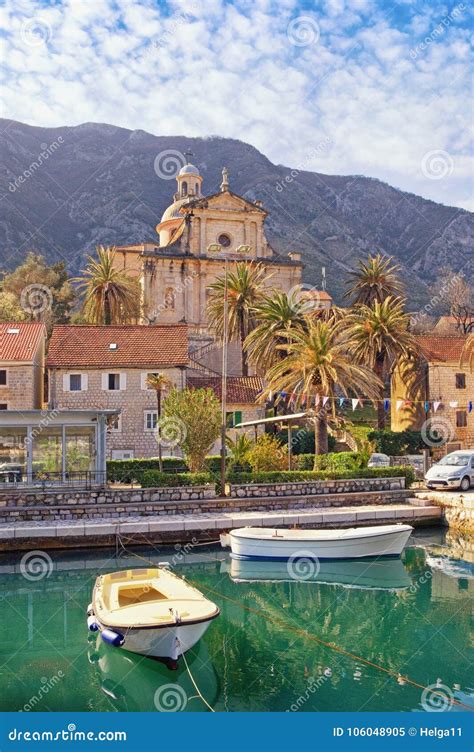 view  prcanj town  birth   lady church montenegro stock