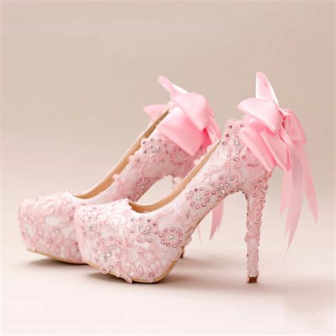 Pink Lace Bow Knot Bride S Shoes High Heels Fine Hair Wedding Dress