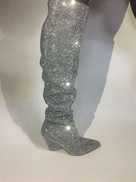sexy full drilled glitter crystal tight high boots pointed toe winter