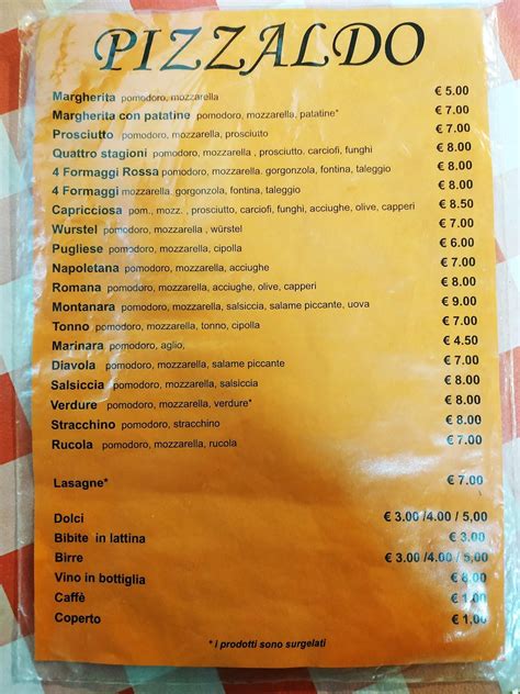 menu  pizzaldo restaurant artesina