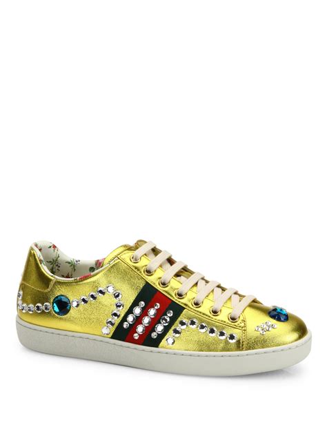 gucci  ace jeweled metallic leather sneakers  metallic lyst