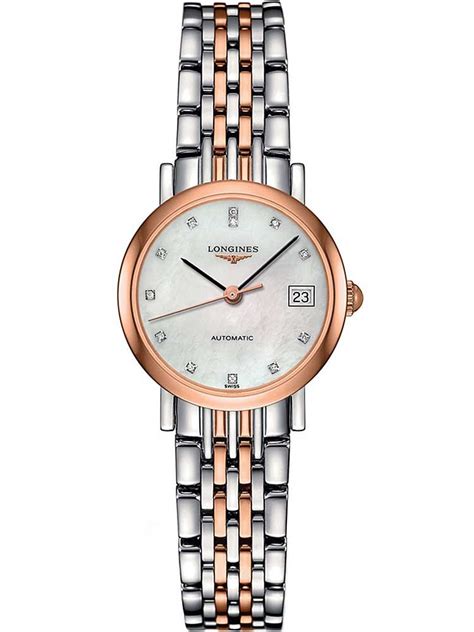 longines elegant diamond set mother of pearl dial two
