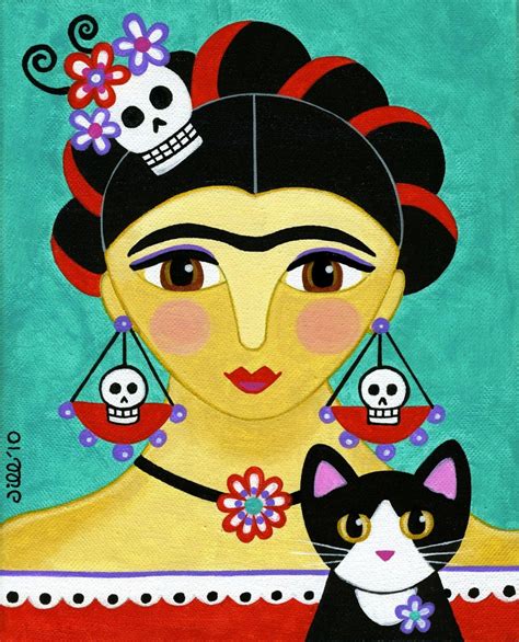 Frida Kahlo And Tuxedo Cat Folk Art Print From Original