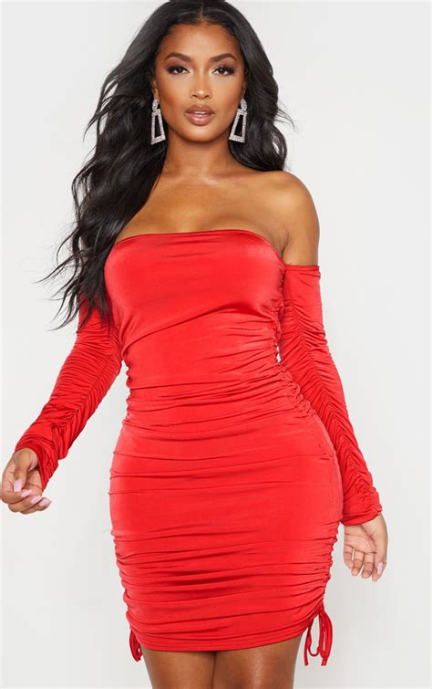 Shape Red Slinky Ruched Side Bodycon Dress Prettylittlething Ca