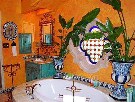 mexican interior bathroom  ceramic urns  yellow walls colorful  charming mexican