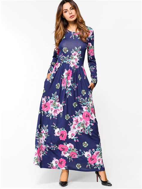 Women Floral Print O Neck Long Sleeves Maxi Long Dress Spring Summer