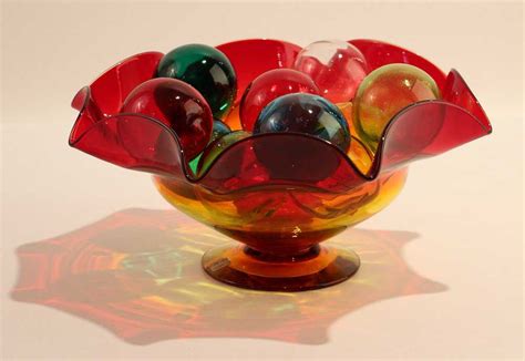 Blenko Glass Amberina Bowl W Multi Colored Glass Balls