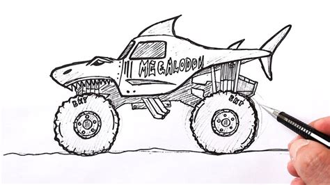 draw  monster truck megaladon shark monster truck drawing