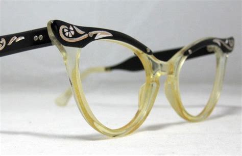 vintage 60s cat eye eyeglasses black and clear with etched etsy
