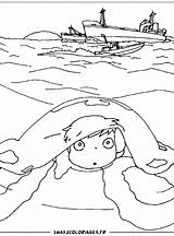 Ponyo Falaise Ghibli Coloriages Hayao Miyazaki Estudio sketch template